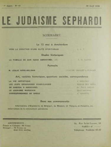 Le Judaïsme Sephardi N°61 (30 avril 1938)